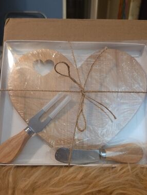 Heart Shaped Bamboo Cheese Board with Fork and Spreader - Natural Wood Gift Set